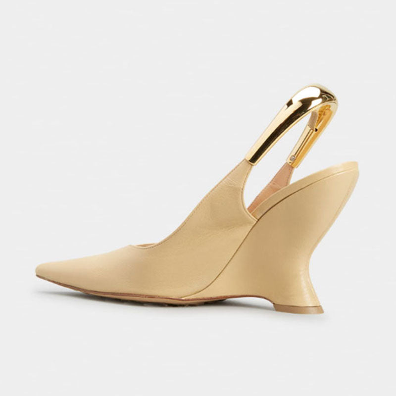 Curved Wedge Gold-Tone Slingback Pumps