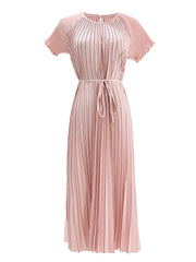 Color Pleated Waist Tie Midi Dress