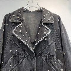 Nail Bead Studded Diamond Retro Motorcycle Denim Jacket