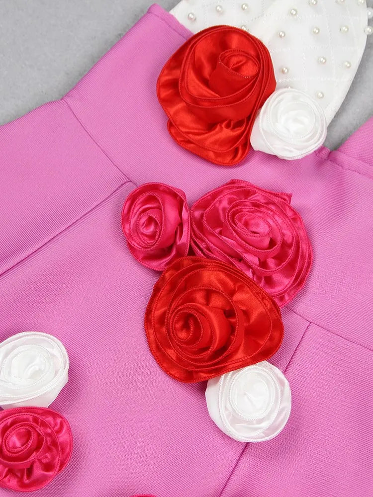 Pearl Strap 3D Flower V Neck High Waist Camisole Dresses