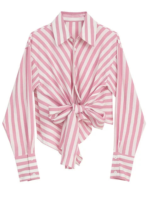 Casual Pink Striped Bow Blouse