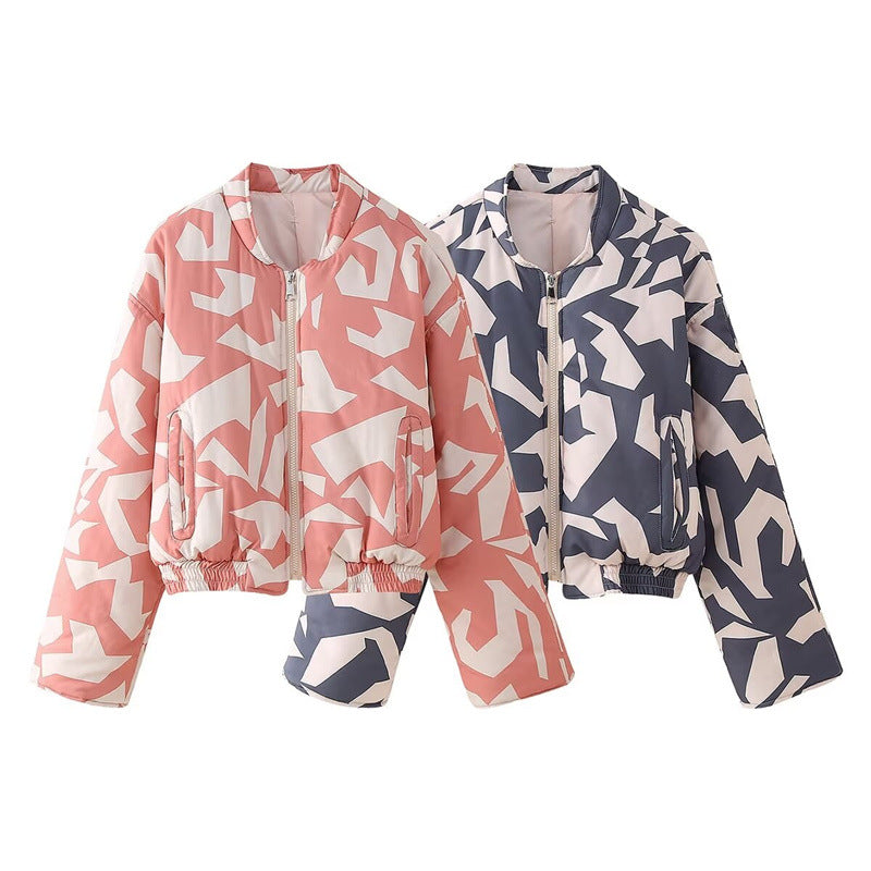 Casual Round Neck Printed Zipper Cotton Jacket