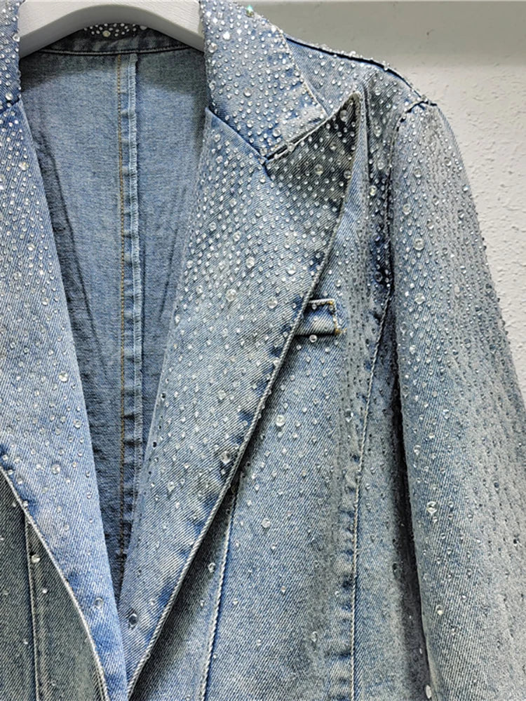 Vintage Diamond Embellished Single Button Denim Blazer