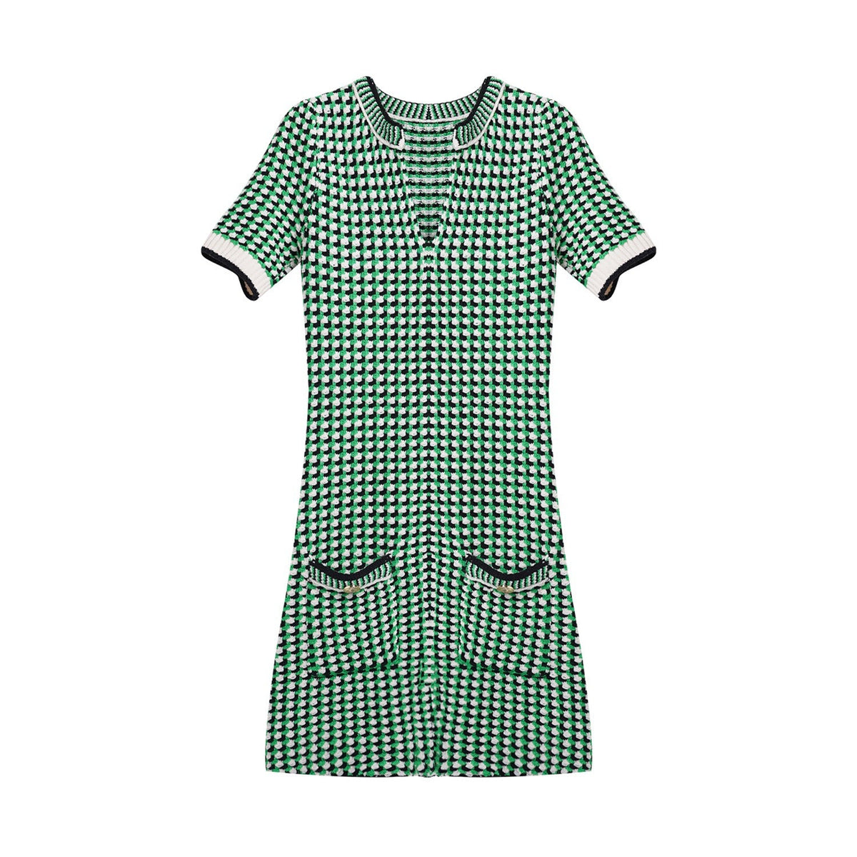 Retro Green Checkered V-Neck Slim Fit Dress