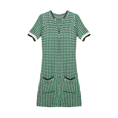 Retro Green Checkered V-Neck Slim Fit Dress