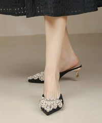 Elegant Splicing High Heel Blue Slide Sandals Nail Bead Pointed Toe