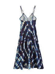 Two-Tone Blue Tie-Dye V-Neck Sleeveless Midi Dress