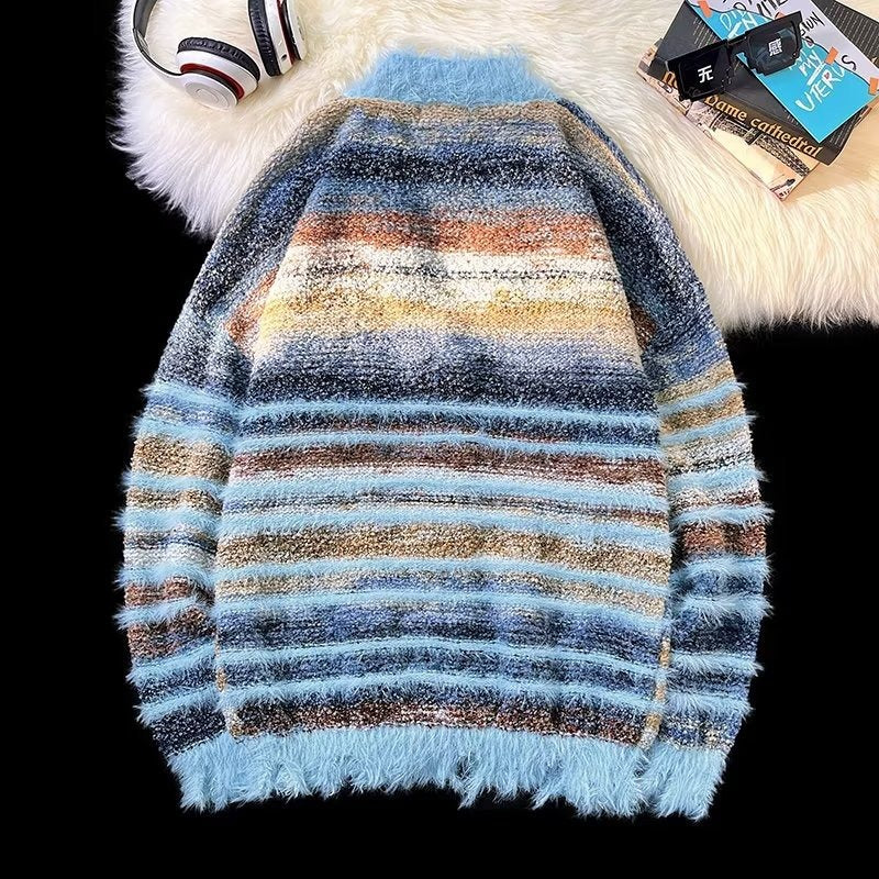 Fuzzy Striped Gradient Knit Cardigan