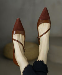 Brown Cowhide Leather Splicing French Flat Shoes Pointed Toe