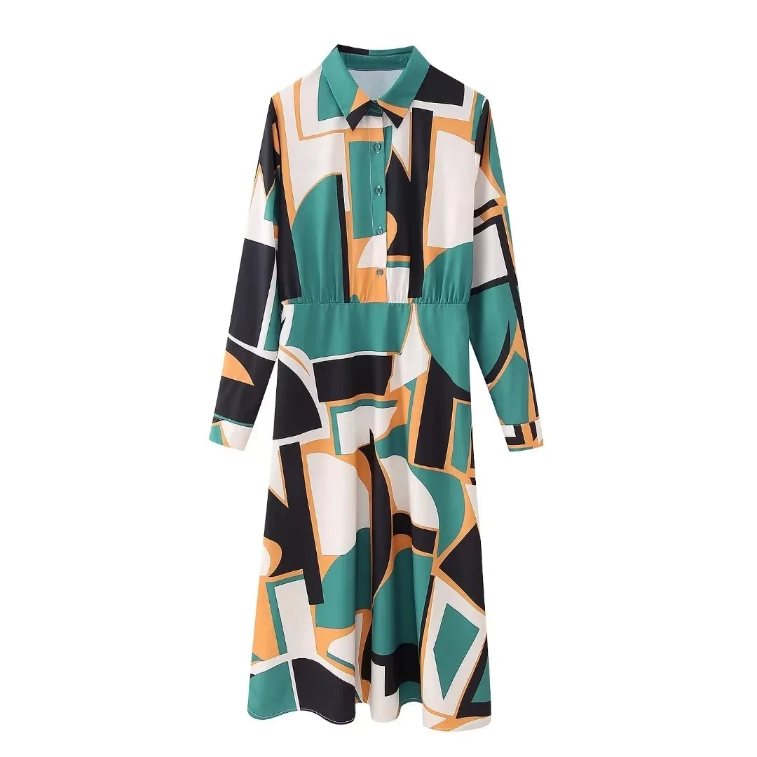 Green Geometric Printed Long Sleeve Midi Dress