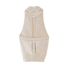 Solid Hollow Knitted Hanging Neck Top