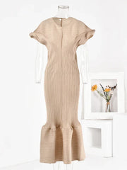 Pleated Short Sleeves Ruffle Dress