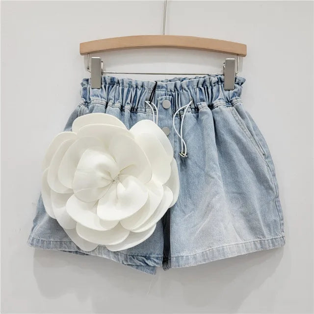 Spliced Flower High Waist Denim Shorts
