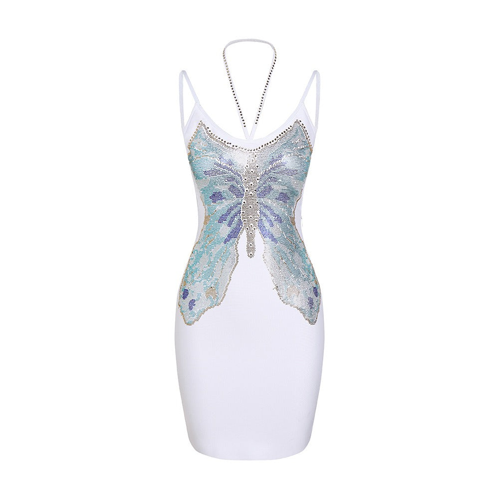 Butterfly Beaded Backless Hanging Neck Bandage Dress