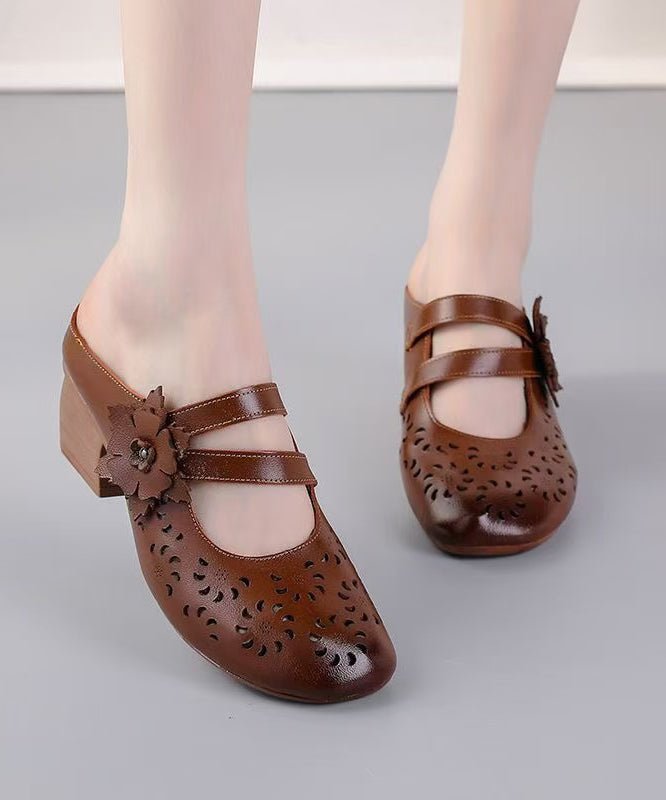 Boho Cowhide Leather Splicing Brown Slide Sandals Hollow Out