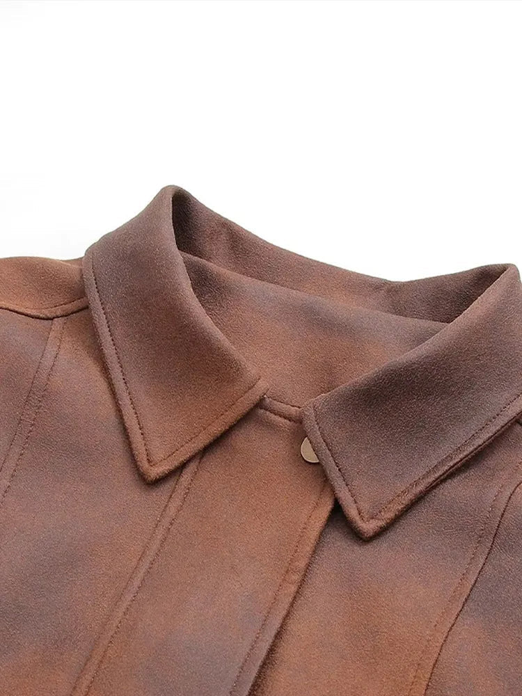 Brown Turn-Down Collar Faux Leather Jacket