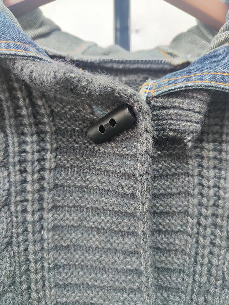 Denim Hood Pockets Knitted Coat