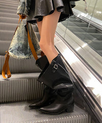 Fashion Splicing Chunky Boots Brown Cowhide Leather