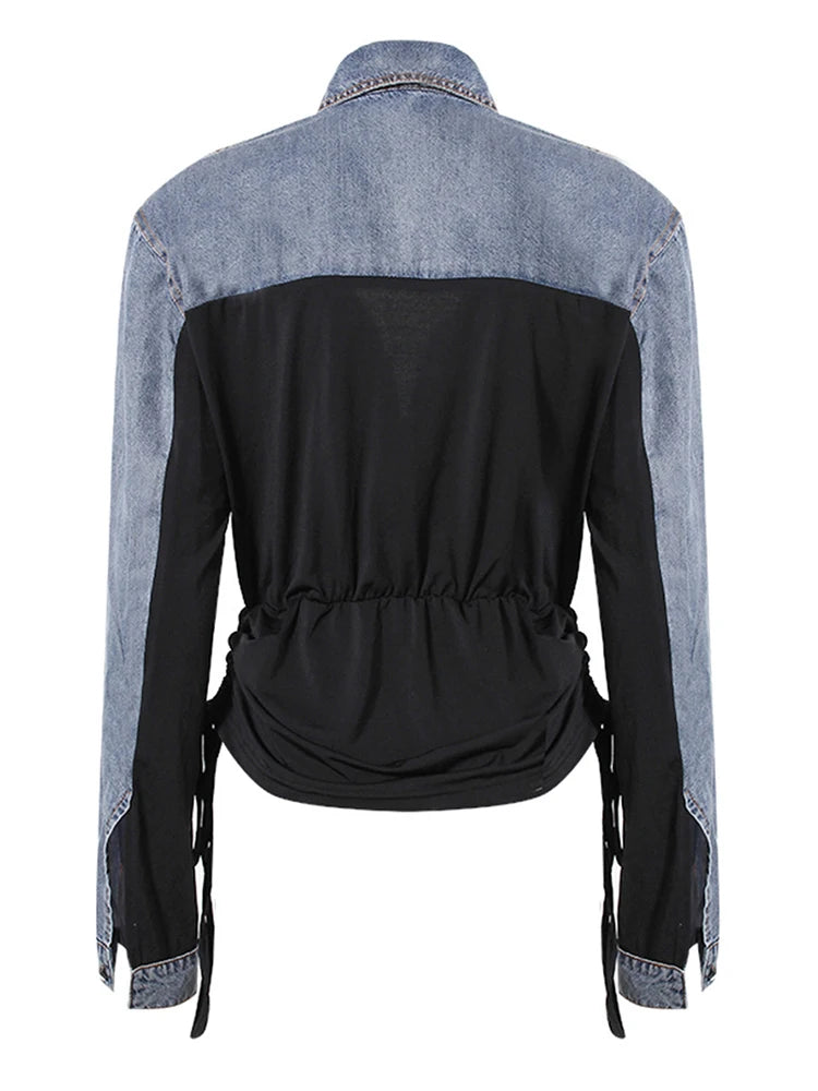 Denim Drawstring Pleated V-Neck Long Sleeve Shirt