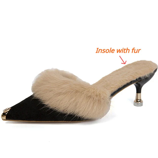 Metal Tip Faux Fur Mules