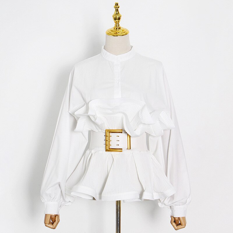 Ruffle Pleated Long Sleeve Belt Blouse