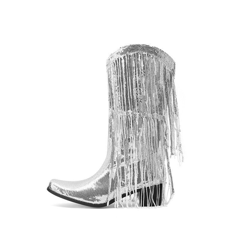 Curved Toe Sequin Tassel Mid-Calf Cowboy Boots