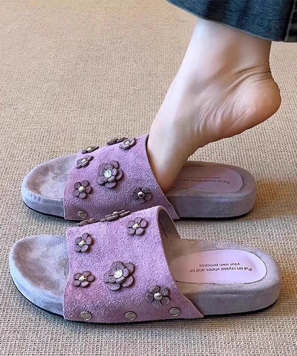 Fine Floral Splicing Purple Suede Slide Sandals Peep Toe