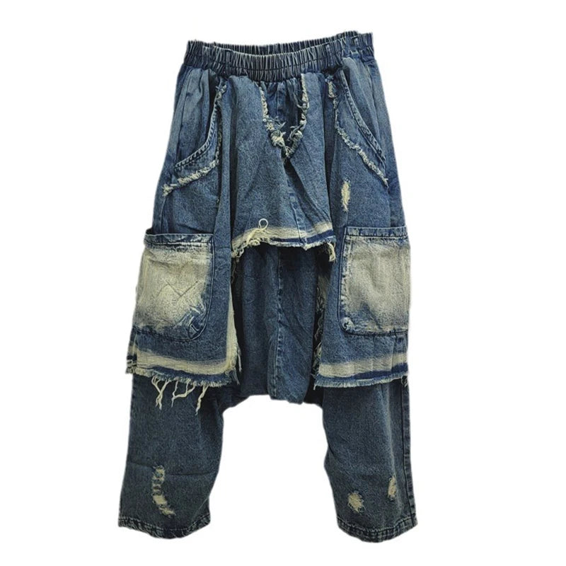 Patchwork High Elastic Waist Loose Denim Pants