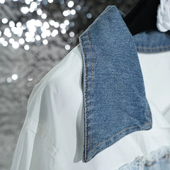Denim Patchwork White Long Sleeve Collar Shirt