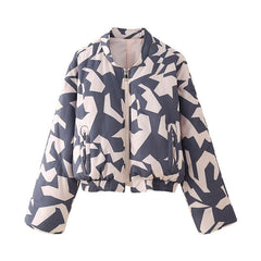 Casual Round Neck Printed Zipper Cotton Jacket