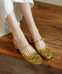 Fashion Gold Square Toe Chunky Heel Buckle Strap Sequins Sandals