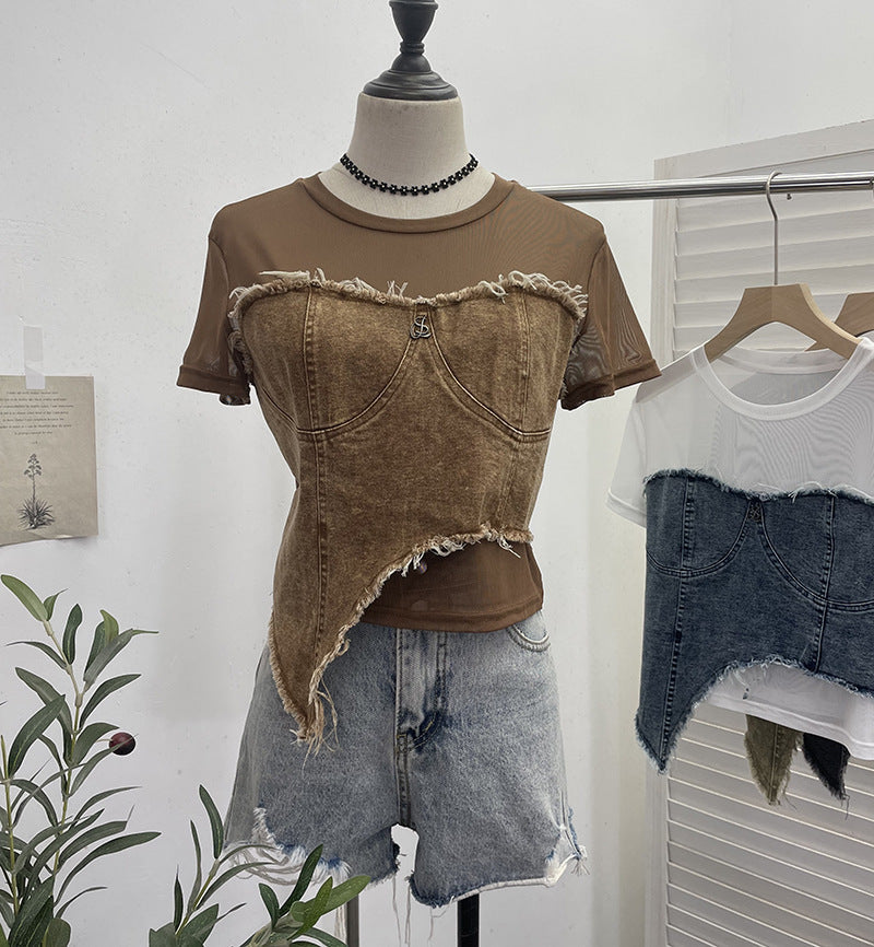 Denim Patchwork Mesh Short Sleeved Irregular T-Shirt