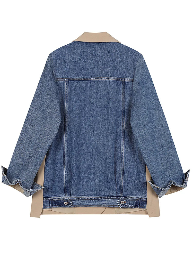 Denim Spliced Notched Collar Jacket