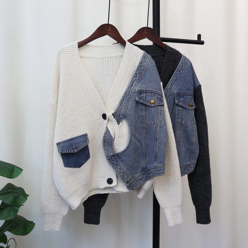 Casual Patchwork Denim Knitted Cardigan