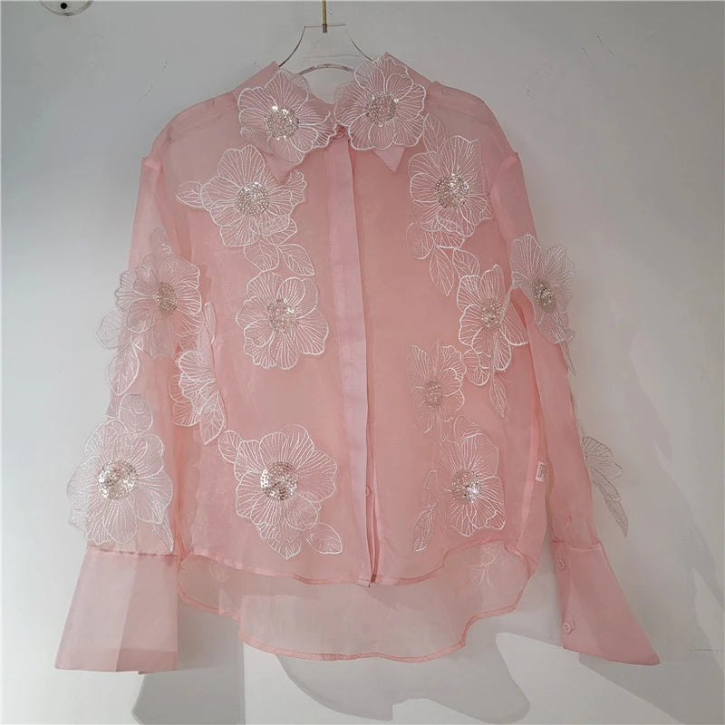 Sequined 3D Flower Micro Transparent Thin Blouse