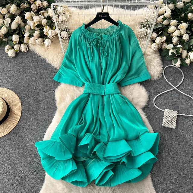 Solid Lace Up Waist Ruffled Hem Fluffy Dress