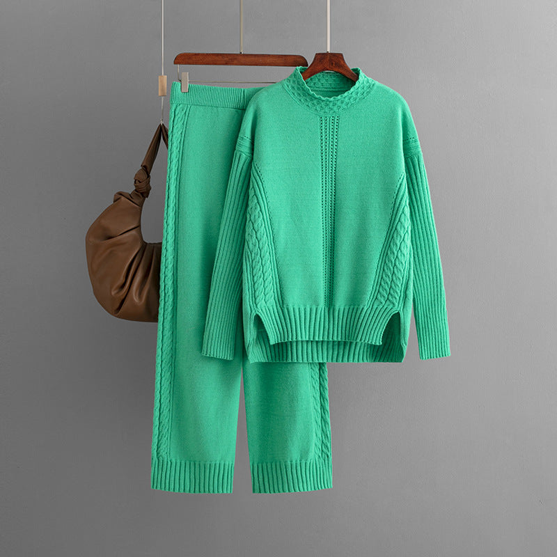 Casual Solid Loose Knit Sweater + Pants Set