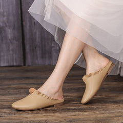 Women Vintage Leather Ruffle Trim Casual Slippers