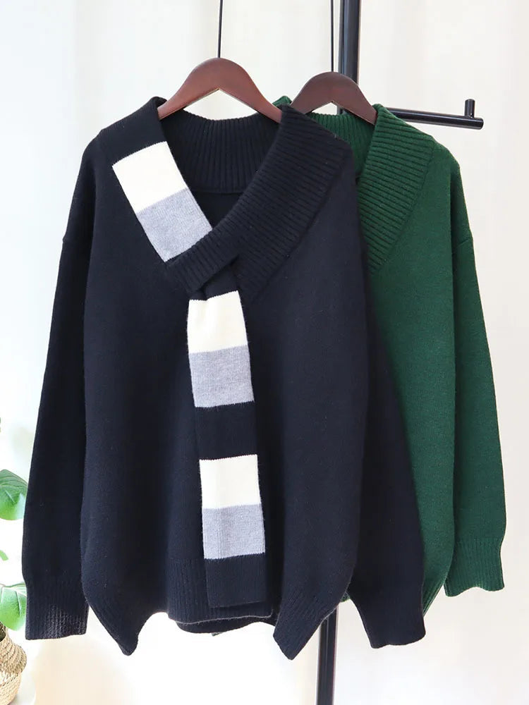 Mock Contrast Scarf Knitted Sweater