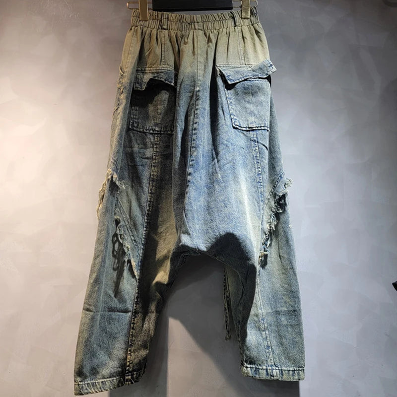Loose High Elastic Waist Wide Leg Denim Pants