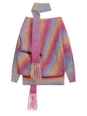 Striped Knitted Scarf-Collar Sweater