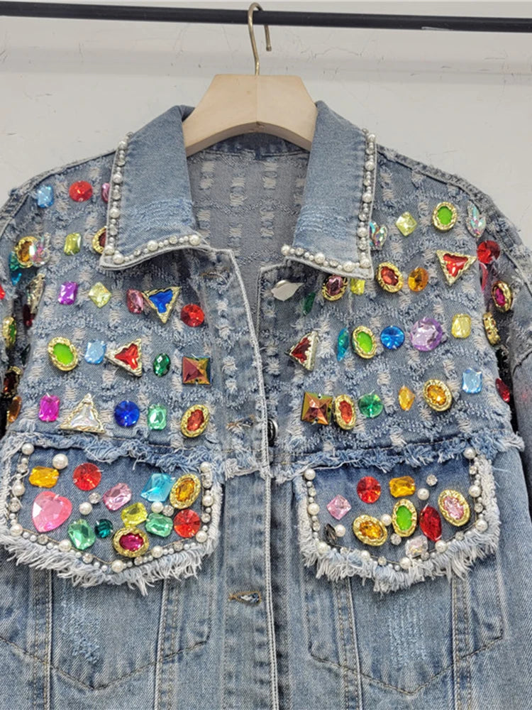 Colorful Diamond Pearl Burrs Ripped Denim Jacket