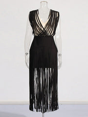 Tassel Deep V-neck Waist Bandage Long Dress