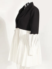 Lantern Sleeved Pleated Contrast Mini Coat Dress