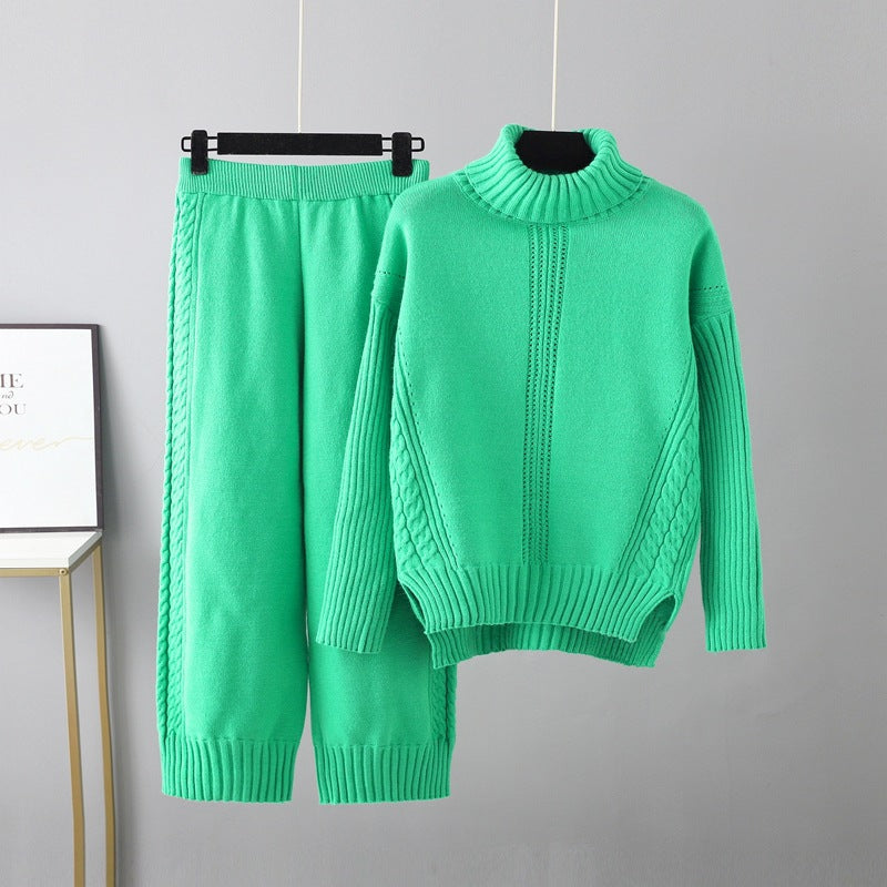 Casual Thick Turtleneck Knit Sweater + Wide Leg Knit Pants