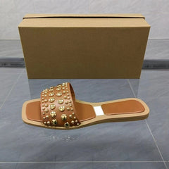 Rivet Strappy Square Toe Flat Sandals