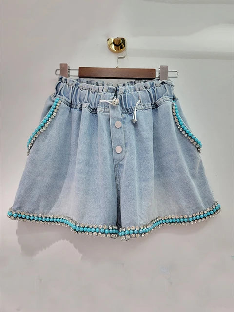 Diamond Studded Blue Beads Wide Leg Denim Shorts