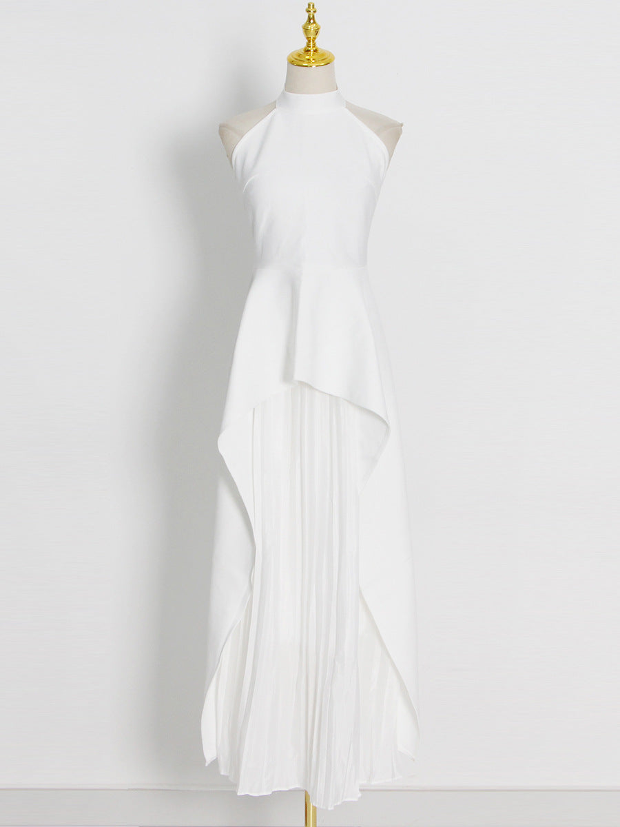 Halter Neck Sleeveless Irregular Top + Pleated Skirt Set