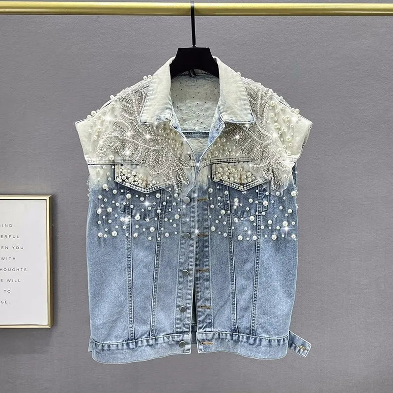 Pearl Beaded Diamond Blue Short Denim Vest