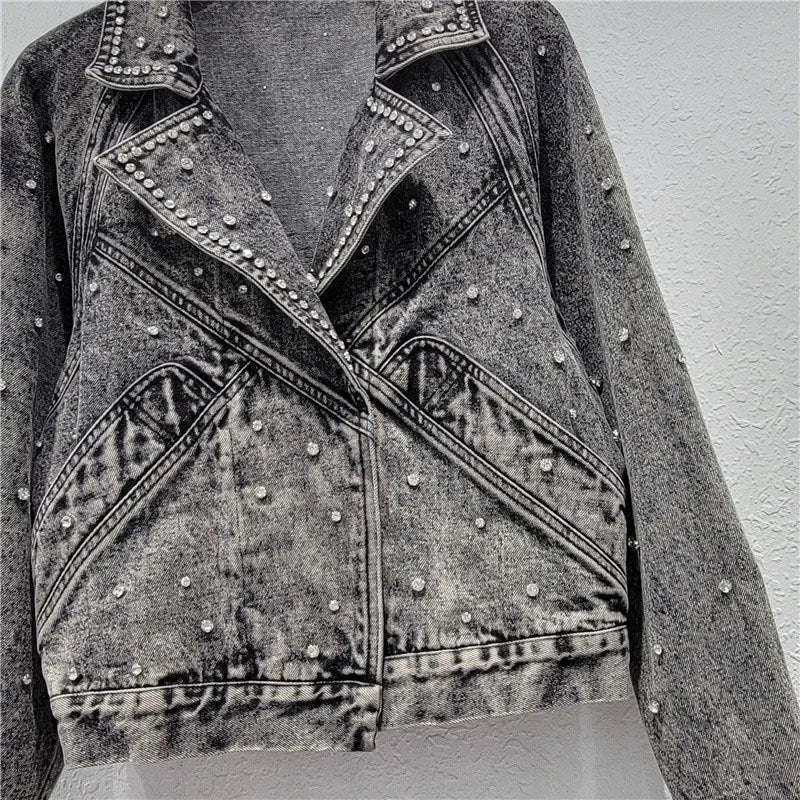 Nail Bead Diamond Inlaid Denim Jacket